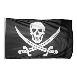 Detailansicht des weißen Totenkopfes und der gekreuzten Schwerter auf einer Piratenflagge