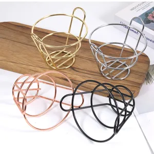 Set of 4 metal cone-shaped snack baskets in gold, silver, rose gold, and black finishes