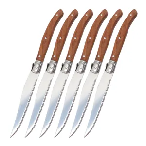 Set of 6 Laguiole style steak knives with Sapele wood handles and serrated blades