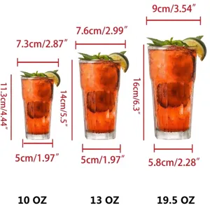 Set of octagonal acrylic beverage cups showing 10oz, 13oz, and 19.5oz sizes with dimensions