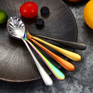Premium five-color set of shell-shaped stainless steel dessert and ice cream spoons.