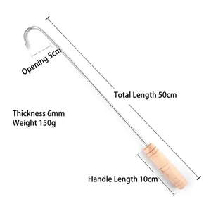 Gancho de acero inoxidable para carne con mango de madera, 50 cm largo y 6 mm grosor