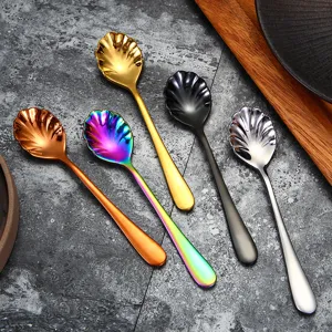 Set of five colorful stainless steel shell-shaped spoons for dessert and coffee service.