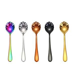 Elegant shell-shaped stainless steel dessert spoons set in five titanium colors