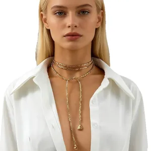 Multi-layer beaded Y-shaped choker necklace for women, stylish gold-tone tassel collarbone chain.