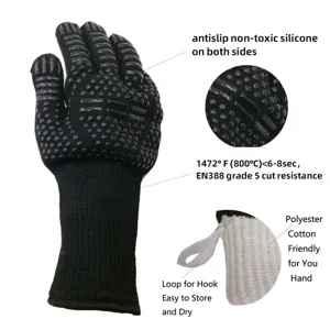 Heat resistant BBQ gloves with silicone non-slip grip, 800°C protection and cut resistance.