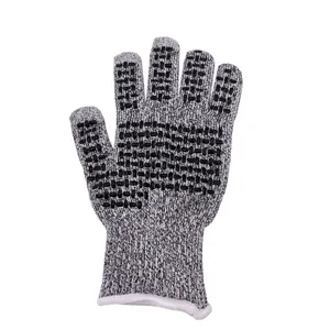 Close-up detail of grey Level 5 PE cut resistant work glove with anti-slip dotted palm