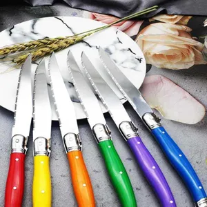 Close-up of colorful Laguiole style steak knives with stainless steel serrated blades