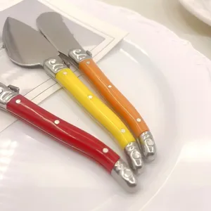 Detailaufnahme eines 3-teiligen Laguiole-Käsemesser-Sets mit lebhaft bunten Griffen auf Teller