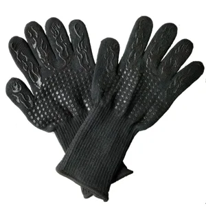 Black heat resistant BBQ gloves with silicone non-slip dots and flame pattern for baking.