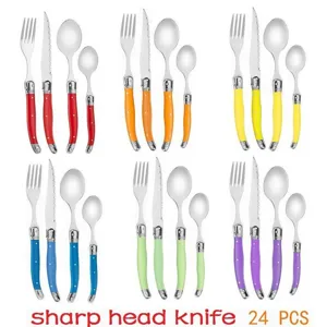 Detailed view of 24-piece colorful Laguiole style cutlery set with sharp steak knives and spoons