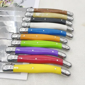 Close-up view of a set of colorful Laguiole steak knives with stainless steel blades.