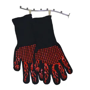 High temperature resistant BBQ gloves, black knitted heat-insulating oven gloves with red silicone.