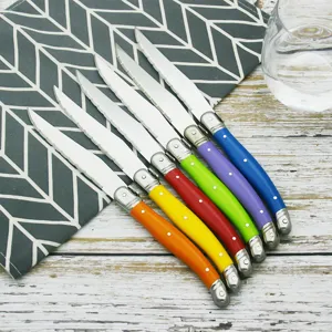 Detailed view of six colorful Laguiole steak knives with serrated stainless steel blades