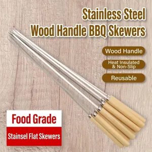 Stainless Steel BBQ Skewers With Wood Handle Long Meat Kabob Grill Needles Reusable Heat Resistant Barbecue Tool