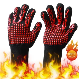 High temperature heat resistant BBQ grilling gloves with silicone non-slip dots and fire pattern.