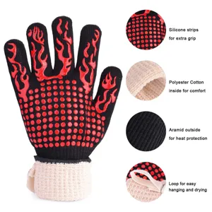 Heat resistant BBQ grilling gloves with silicone non-slip dots and aramid outer protection.