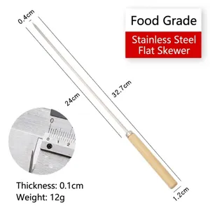 Extra long stainless steel flat BBQ skewer with wooden handle and product dimensions