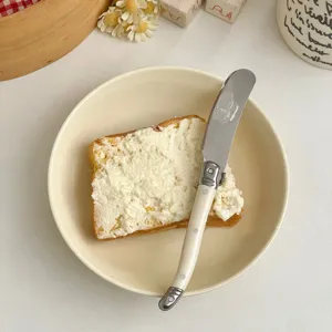 Vista detallada de un cuchillo de mantequilla Laguiole francés de acero con mango crema