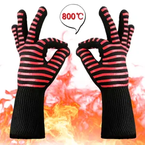 Heat resistant BBQ gloves, black and red striped oven mitts, ideal for grilling and baking.