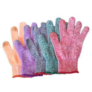 Detail view of colorful level 5 cut resistant work gloves for kitchen and woodworking