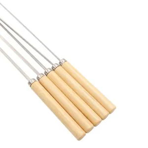 High-quality stainless steel BBQ skewers featuring heat-resistant smooth wooden handles set