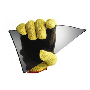Detail showing a hand in level 5 cut-resistant work glove safely holding a glass shard.