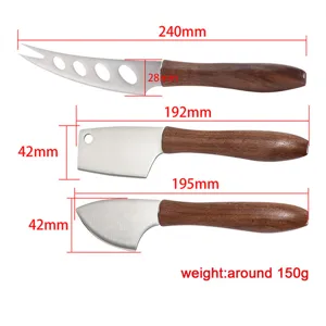 Professionelles Käsemesser-Set aus Edelstahl mit Walnussgriffen und Größenangaben