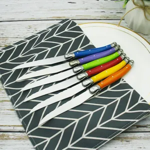 Detail view of 6-piece colorful Laguiole steak knives with stainless steel blades.