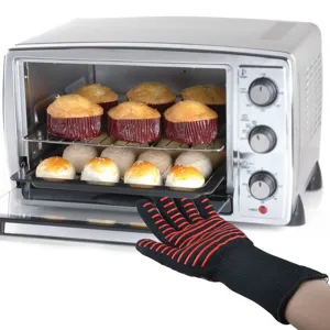 Heat resistant oven gloves, black knitted barbecue baking mitts with red silicone strips.