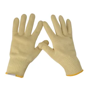 Close-up of cut-resistant knit work gloves showing durable fiber texture and yellow trim