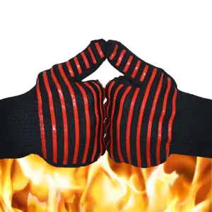 Heat-resistant BBQ grilling gloves detail, black knit with red silicone non-slip stripes.