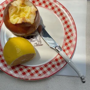 Primer plano detallado del cuchillo para mantequilla Laguiole de acero inox con mango blanco