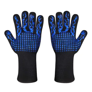 Heat resistant BBQ gloves with blue silicone flames and dots for kitchen baking and grilling safety