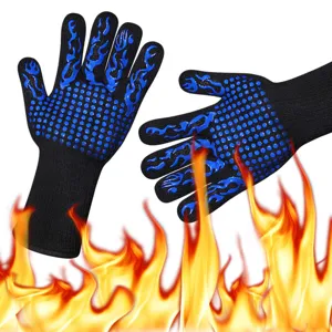 High temperature resistant BBQ grilling gloves featuring blue silicone anti-slip dots and flames.