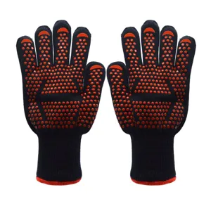 Heat resistant BBQ gloves with silicone dots for kitchen baking and outdoor grilling use.