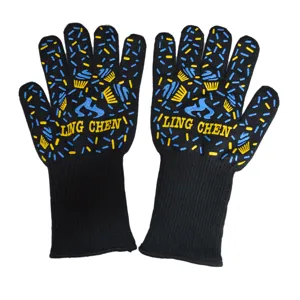 Black heat resistant BBQ gloves with blue yellow silicone non-slip grip, durable oven mitts.