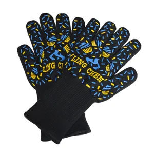 Black heat resistant BBQ oven gloves with anti-slip silicone grips for baking cooking.