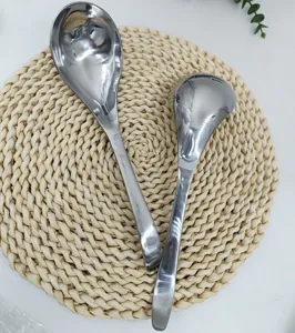 Set of two premium polished stainless steel soup spoons with long ergonomic handles