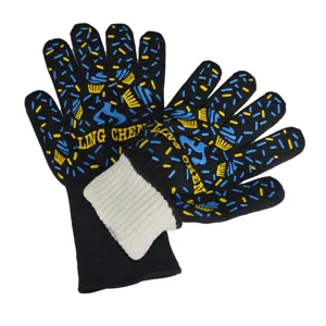 Heat resistant BBQ gloves, black knit grilling oven mitts with long white protective cuffs.