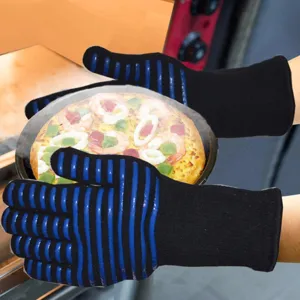 Heat resistant BBQ oven gloves with silicone non-slip stripes for safe cooking and baking.
