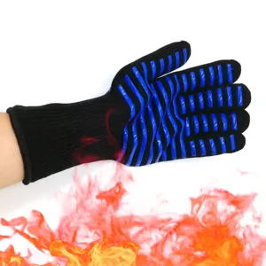 Detail view of black heat-resistant BBQ glove with blue silicone stripes for safe baking.