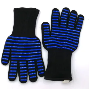 Detail shot of black heat-resistant BBQ gloves featuring blue silicone stripes for safety.