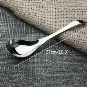 Stainless steel long handle soup spoon with 27cm 10.6 inch size measurement info