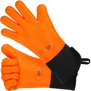 Heat-resistant orange silicone BBQ gloves with long black cuffs and non-slip texture