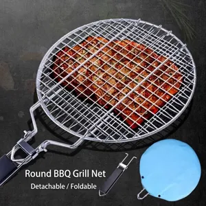 Portable stainless steel round BBQ grill basket with detachable and foldable long handle