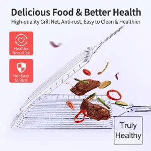 Foldable stainless steel BBQ grill basket with meat and veggies