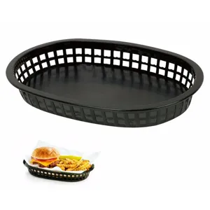 Professional black plastic oval food basket featuring a mesh design for restaurant use