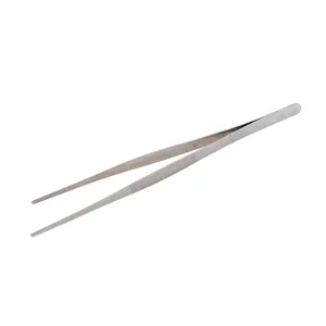 Macro view of long stainless steel kitchen tweezers for precision cooking and BBQ