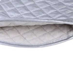 Macro detail of silver quilted heat-resistant oven mitt with thick cotton lining
